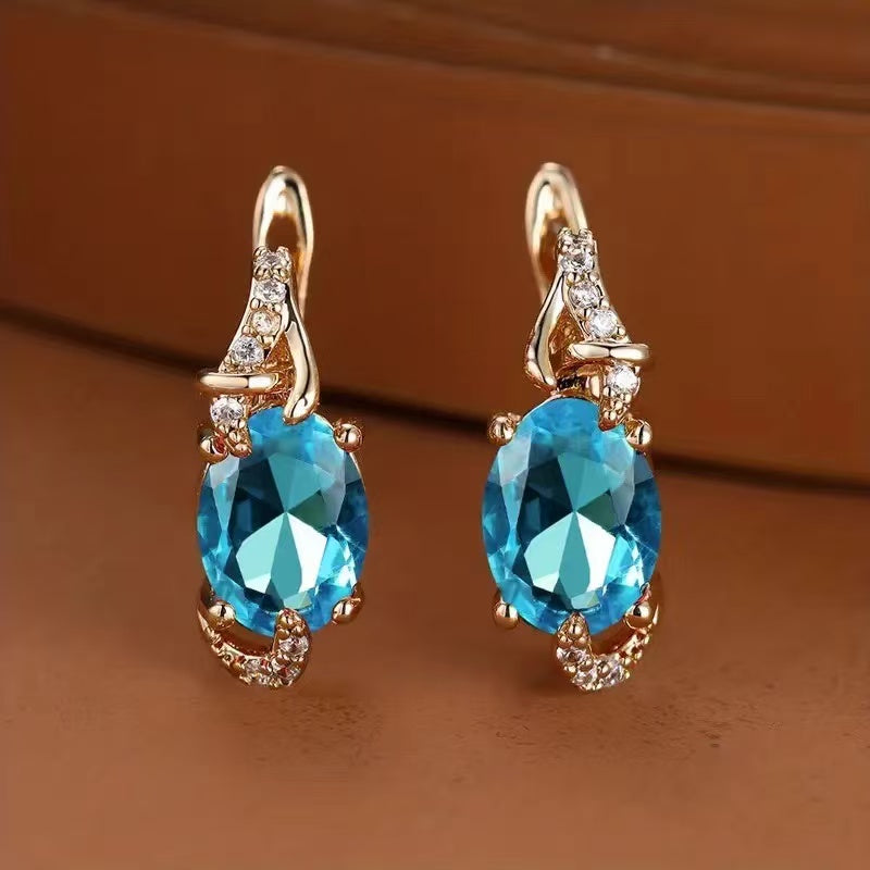 18K Golden Plated Oval Blue & Clear Halo Stud Earrings for Women, Elegant Claw-Back Setting Jewelry for Valentine’s Day, Anniversary, Daily Wear, Fashion Earrings, Anniversary Gift, Sophisticated Style, Luxurious Appearance
