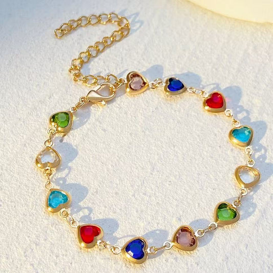 1pc Colorful Shiny Cubic Heart Design Bracelet, Exquisite Beaded Bracelet For Girls, Daily Party Jewelry, Holiday Gift Hearts Delicate Colorful Heart Design Bracelet Vintage Elegant Style Valentine's Day Gift